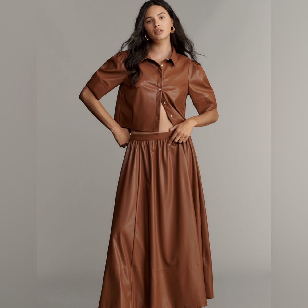 NWT Maeve Lantern Sleeve Faux Leather Blouse